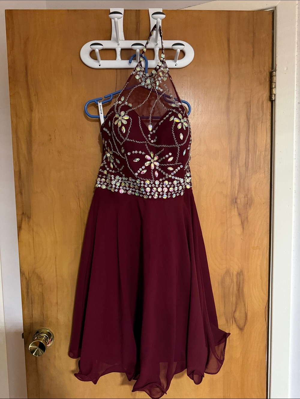 Girls' Burgundy Embellished Halter Dress